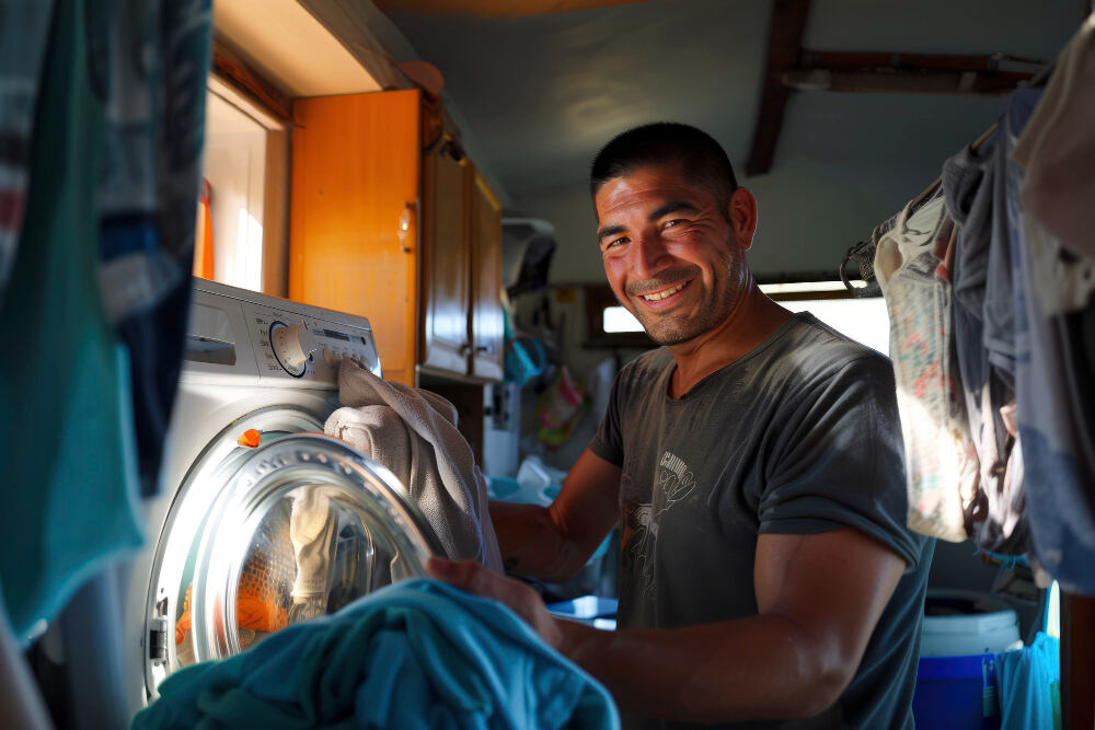 A happy masculine guy in laundry shop doing laundry