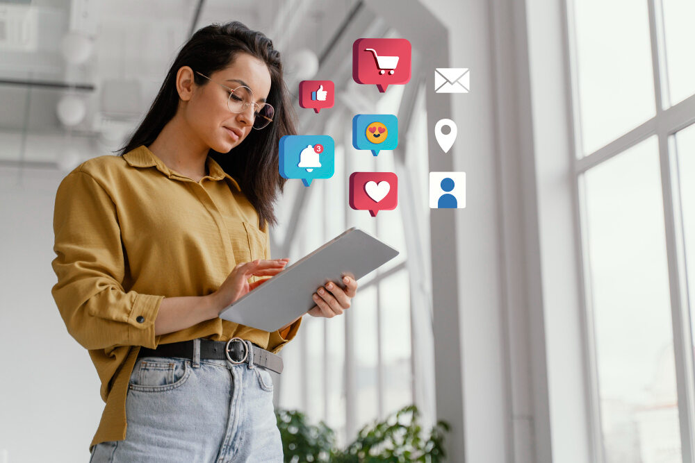 Female working on a tablet for social media optimization