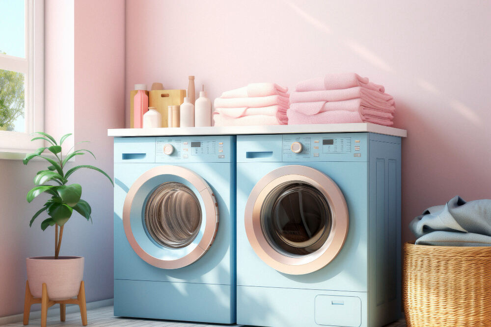 Two washing machines in laundry shop with a plant and laundry cloth