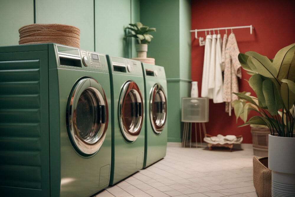 Green laundry with green color washing machine and plants