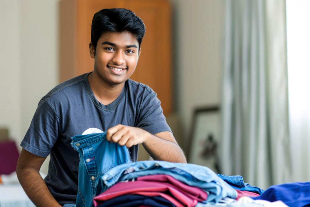 Indian boy with laundry cloths