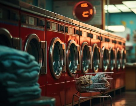 Laundry shop with red color washing machine