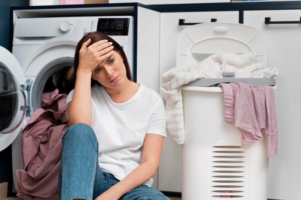 Girls facing challenges in laundry sitting stressed with laundry cloths