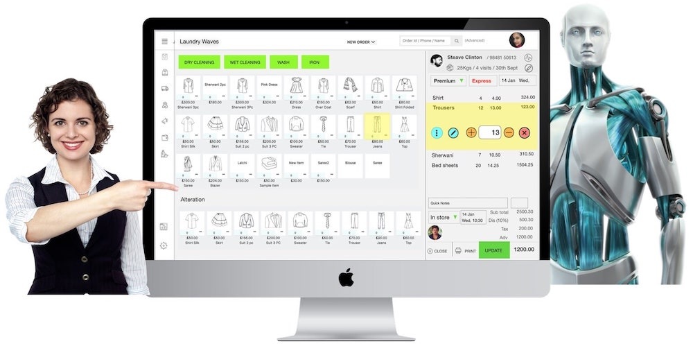 Dashboard of laundry and drycleaning software Fabklean showing user profile and adding clothing details for laundry